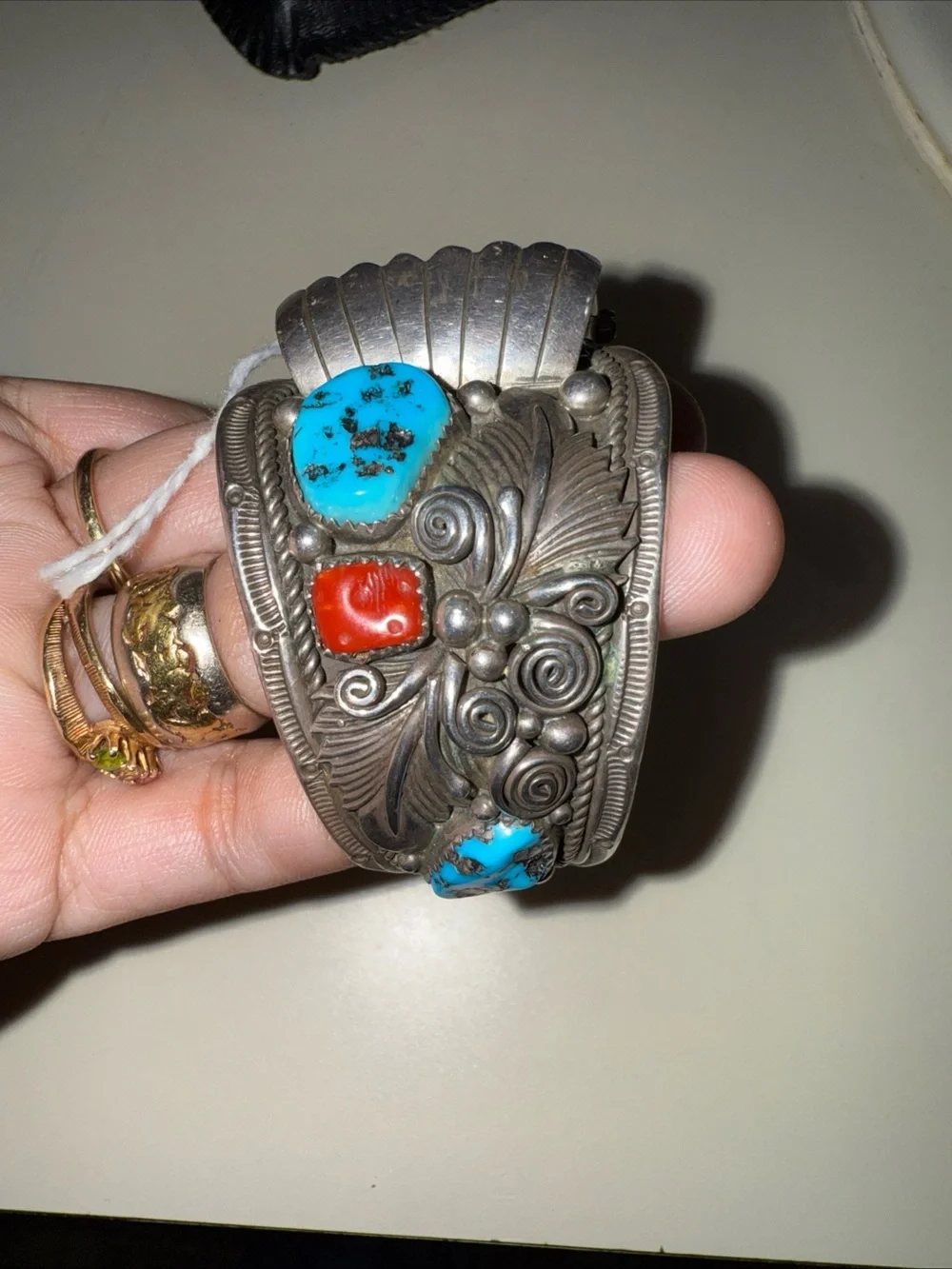 Vintage Sterling Silver Navajo Turquoise and coral inlay cuff watch